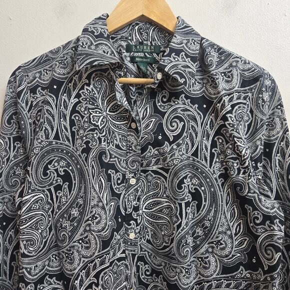 Lauren Ralph Lauren Women Boho Chic Black White Paisley Non-Iron Button-Up Top L - Picture 2 of 11